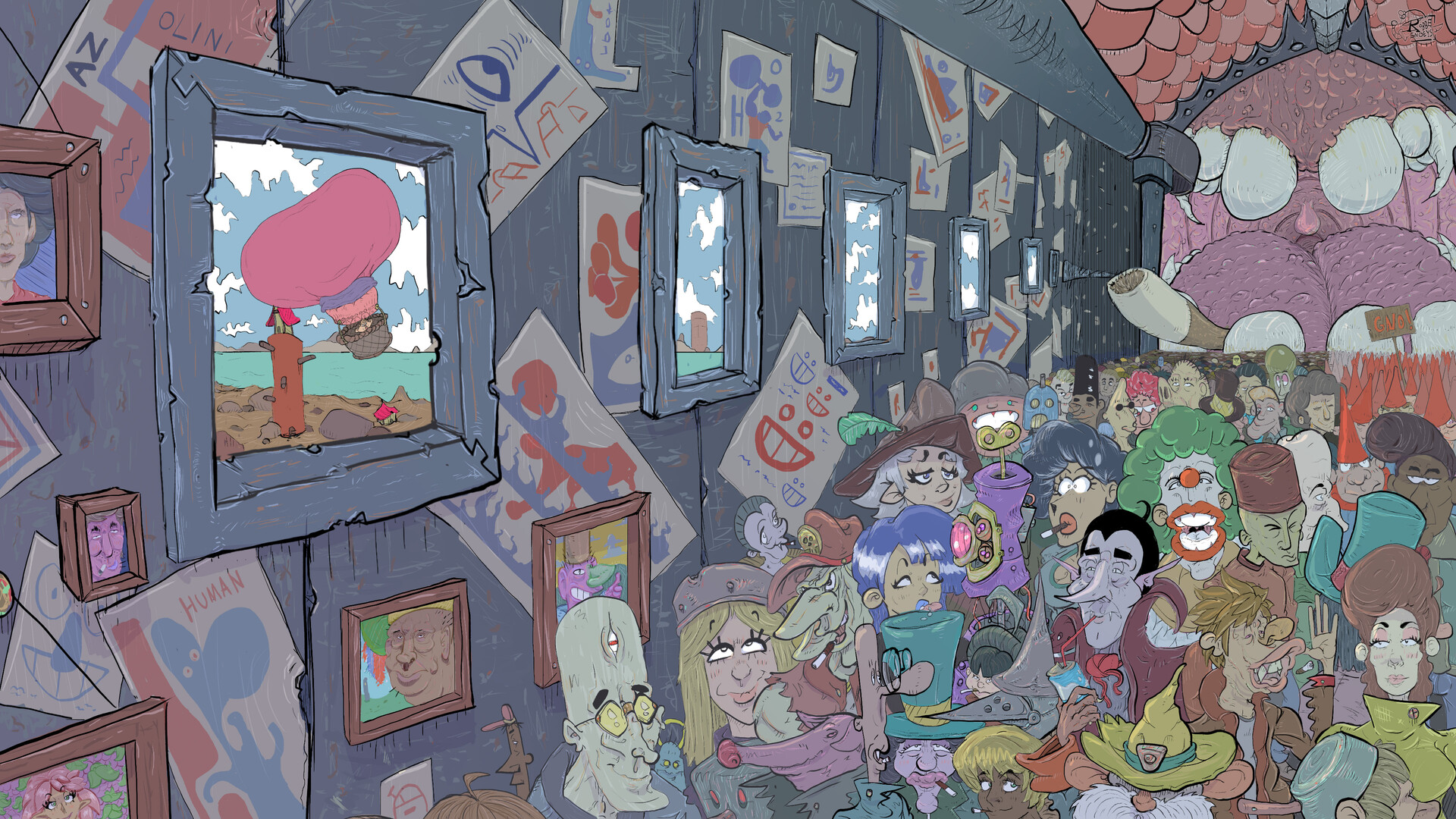 Procession scene featuring balloon boy myth.